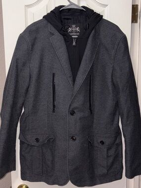 Express Men's Charcoal Gray Pea Coat with Black Hooded Insert